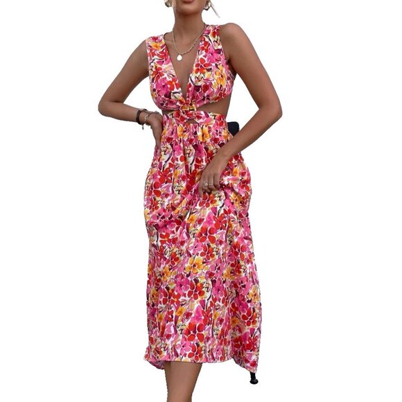 All About May Long Elle Dress 10 Large Halter Tie Back Floral Cut Out Floral - Picture 7 of 11